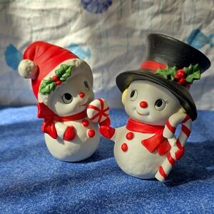 Charming Snowman Figurine Duo with Red and Black Details